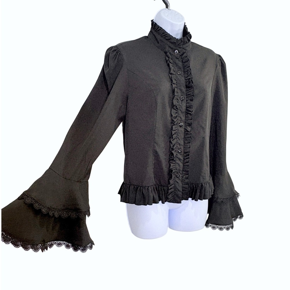 Womens Black Gothic Ruffle Lace Bell Sleeve Top Small Victorian Steampunk Witchy